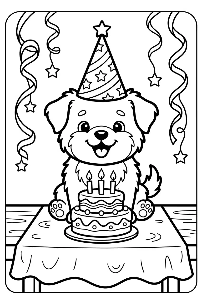 Baby Puppy Wearing a Birthday Hat at a Party Coloring Page