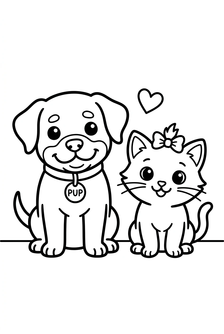 Rottweiler Puppy and Cat Friends Coloring Page