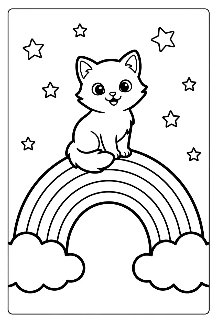 Baby Cat on a Rainbow Coloring Page