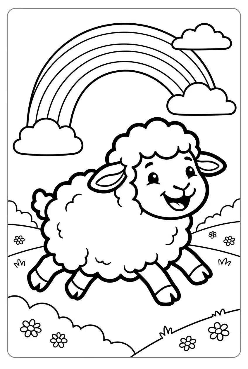 Baby Lamb Running Through a Rainbow Meadow Coloring Page