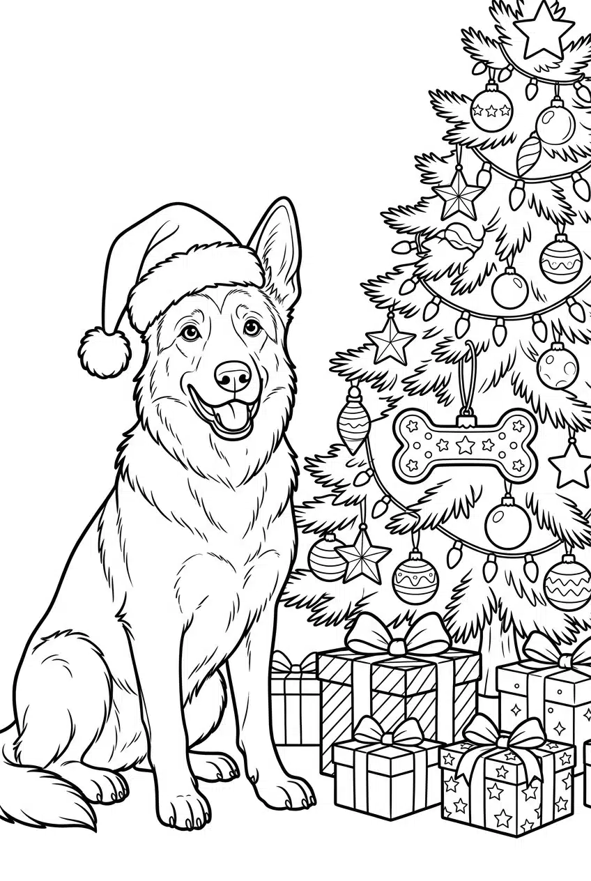 German Shepherd Holiday Scene Coloring Page