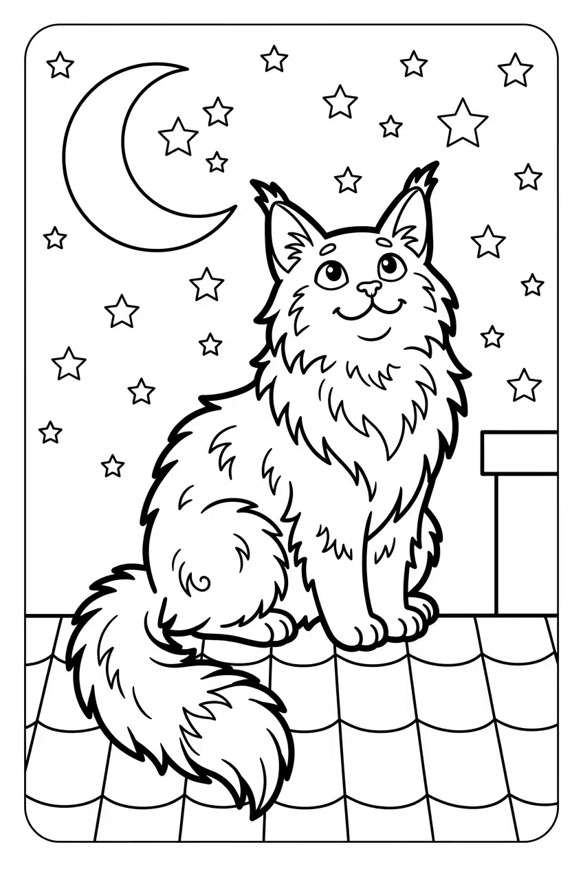 Maine Coon Cat Watching Stars at Night Coloring Page