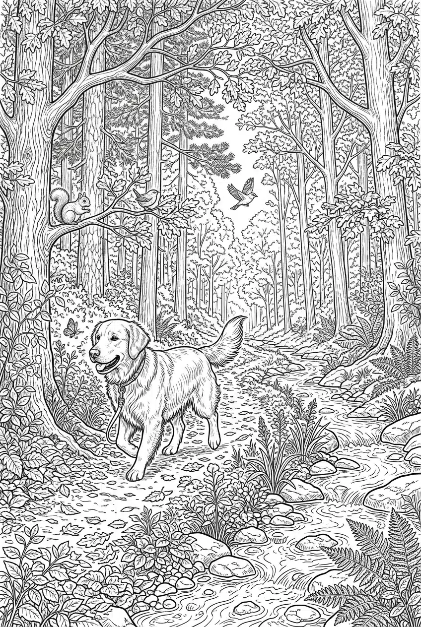 Advanced Golden Retriever Nature Scene Coloring Page