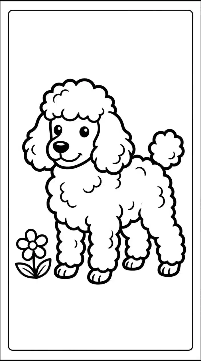 Fluffy Poodle Coloring Pages for Kids 1 Fluffy Poodle Standing in a Garden Coloring Page