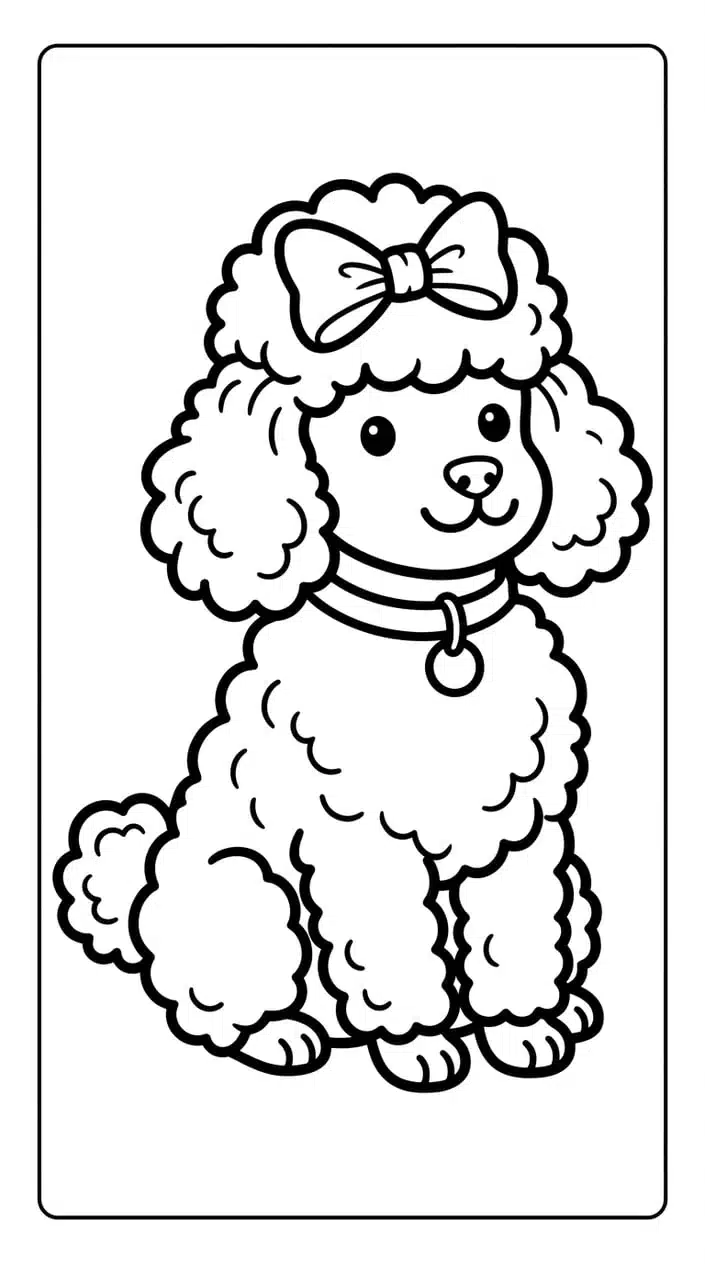 Fluffy Poodle Coloring Pages for Kids 2 Fluffy Poodle Wearing a Bow Coloring Page