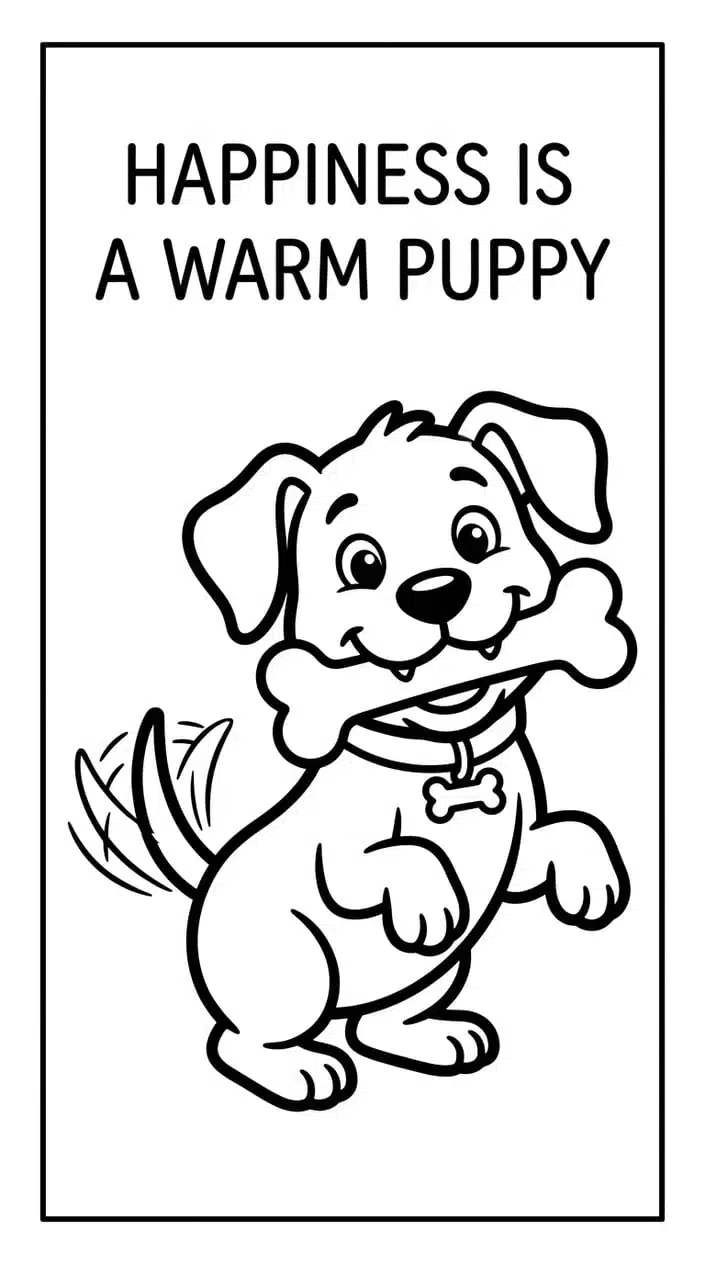 Dog Quote Coloring Pages That Celebrate Furry Best Friends 5 Dog Holding a Bone with 'Happiness Is a Warm Puppy' Quote Coloring Page