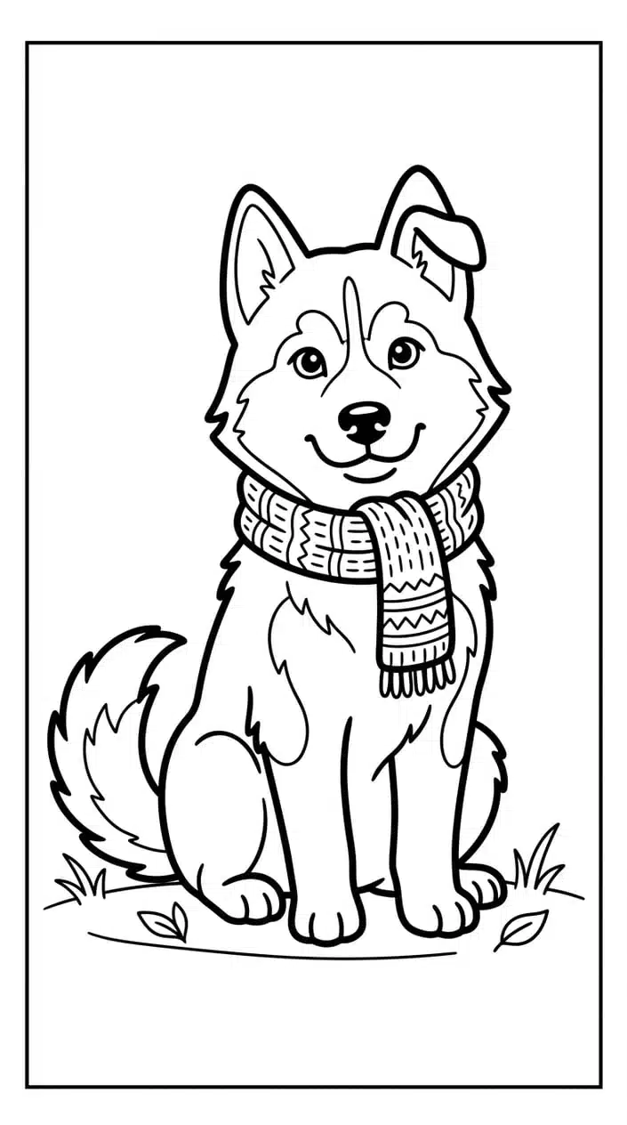 Husky Coloring Pages Free PDF Printables for Kids 5 Husky Wearing a Winter Scarf Coloring Page