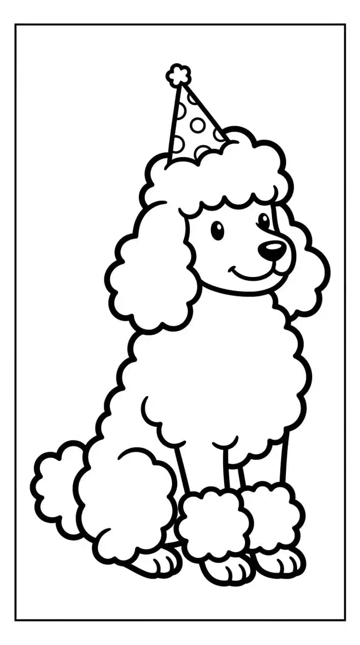 Fluffy Poodle Coloring Pages for Kids 6 Fluffy Poodle Wearing a Party Hat Coloring Page