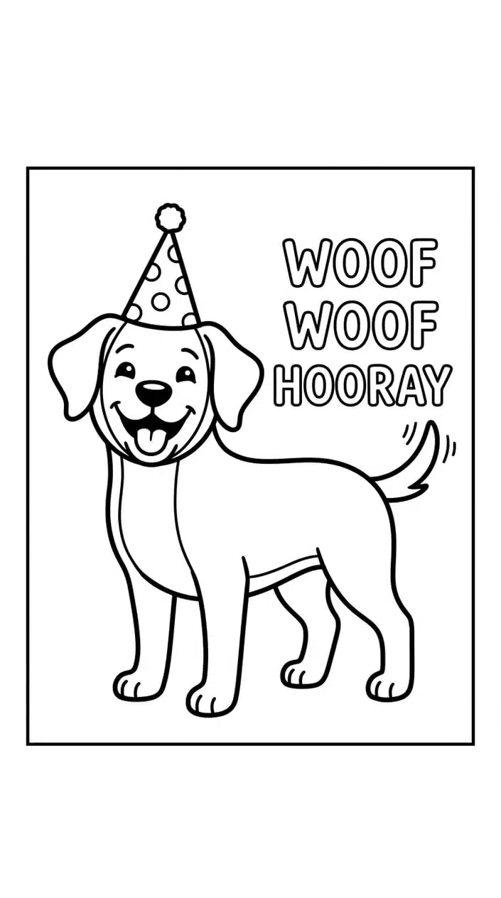 Dog Quote Coloring Pages That Celebrate Furry Best Friends 8 Dog Wearing a Party Hat with 'Woof Woof Hooray' Quote Coloring Page