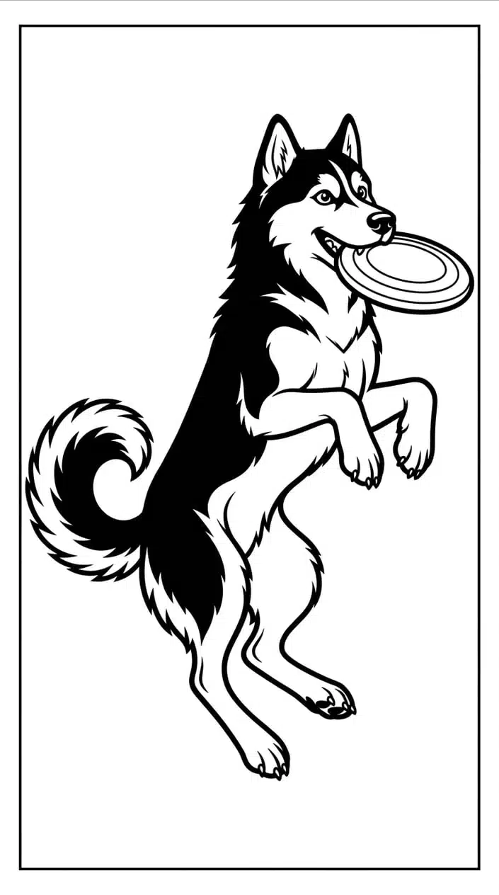 Husky Coloring Pages Free PDF Printables for Kids 9 Husky Jumping to Catch a Frisbee Coloring Page