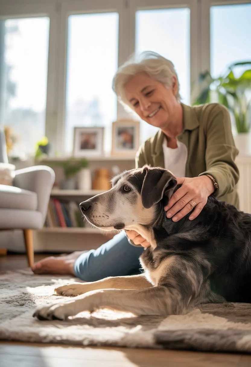 An elderly person sitting in a cozy living room gently petting a calm senior dog lying beside them.