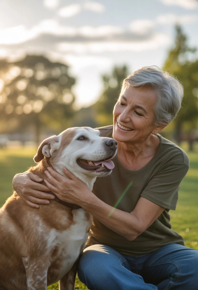 A senior person sitting outdoors in a park, smiling and petting a calm senior dog beside them.