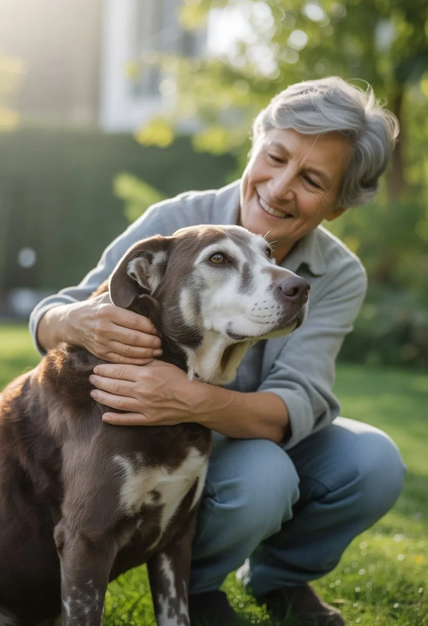 An elderly person sitting outside in a garden, gently embracing a calm senior dog, both appearing content and peaceful.
