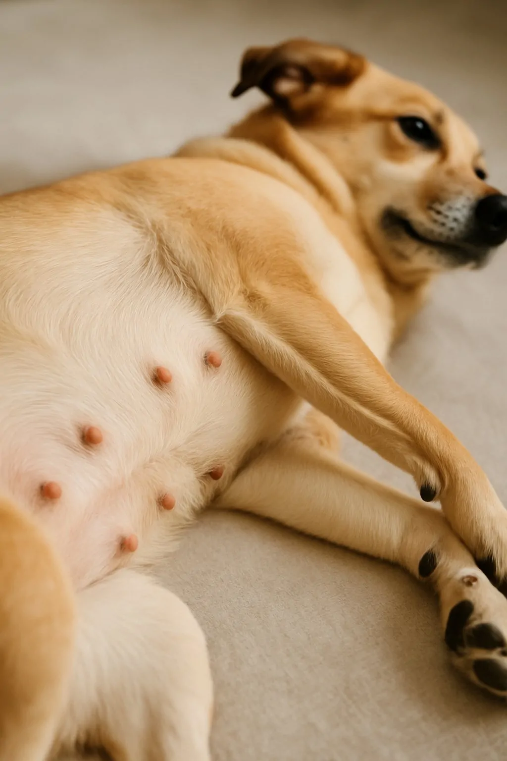 Close-up of a dog lying on its side showing its belly and nipples.
