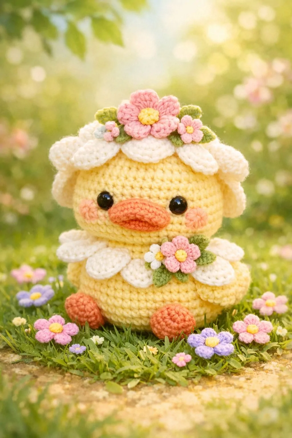 A small crocheted duck decorated with spring flowers sitting on grass surrounded by tiny flowers.