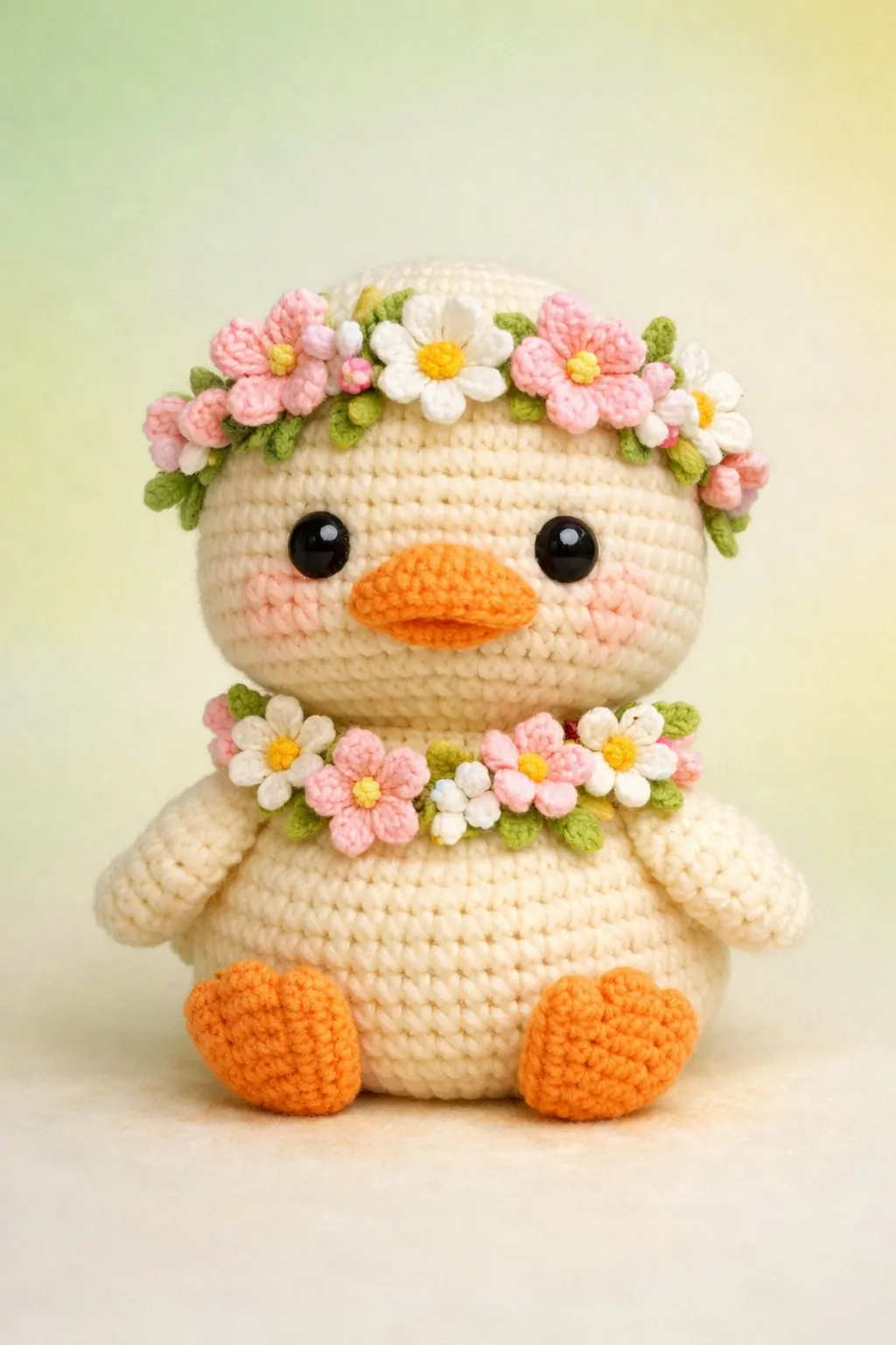 A crocheted duck decorated with spring flowers on a soft green and yellow background.