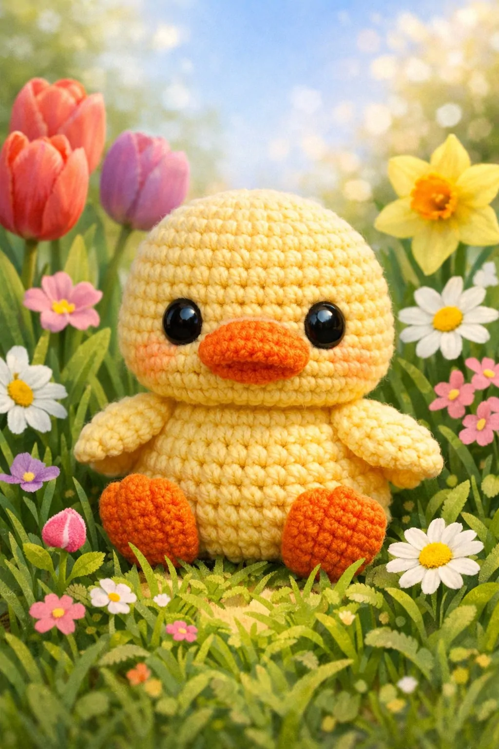 A crocheted yellow duck sitting among colorful spring flowers in a garden with green grass and sunlight.