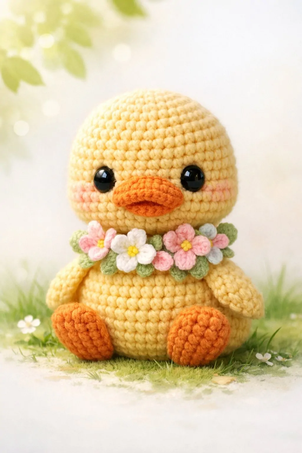 A small crochet baby duck with a flower around its neck sitting on soft grass.