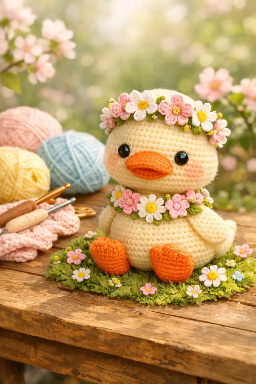 A crocheted spring flower duck amigurumi sitting on grass surrounded by flowers with crochet supplies nearby.